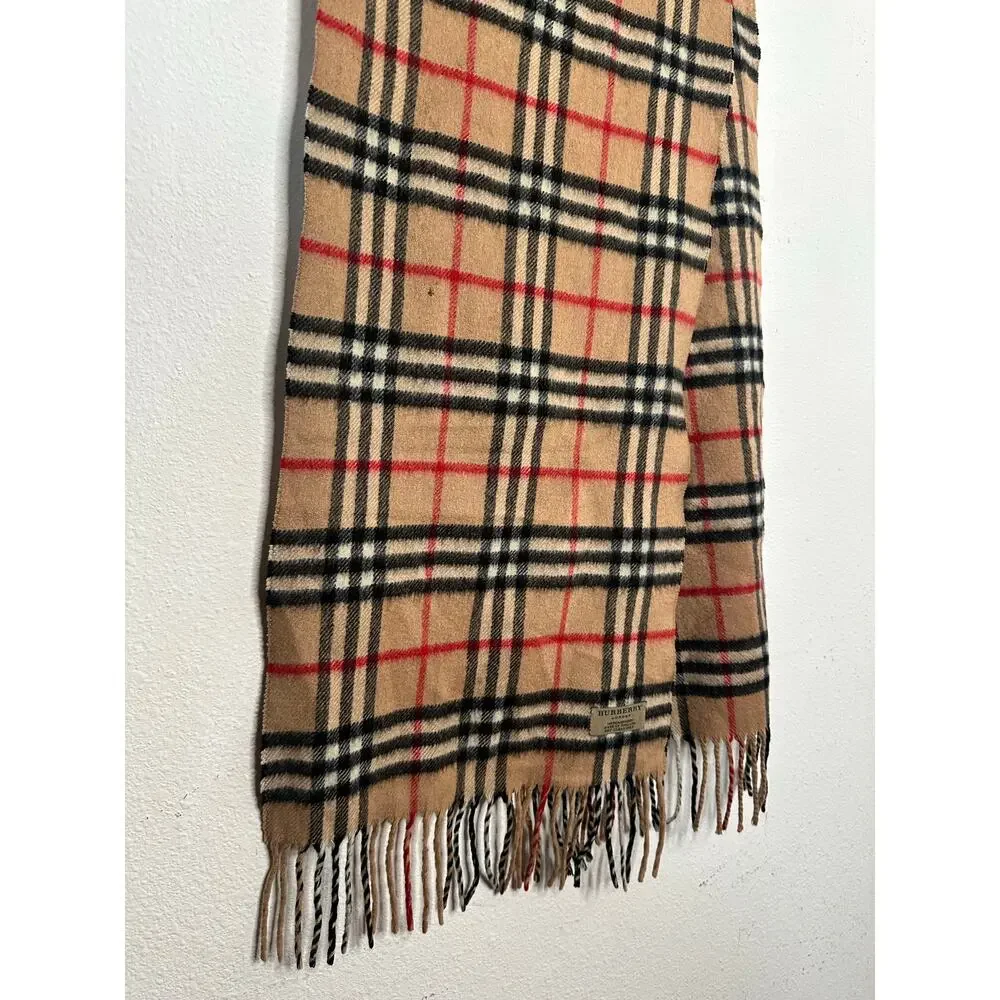 Burberry Scarf Nova Check Beige Tan Cashmere Plaid Fringe Unisex Vintage Scarf